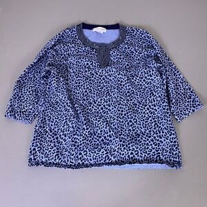 Cathy Daniels Blouse Top Plus Size 1X Blue Leopard Print Beaded Neck Cotton Knit